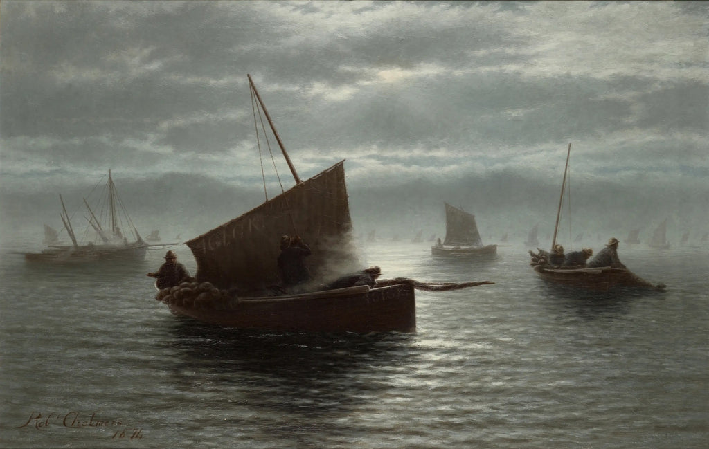 Oil painting, boats fishing on a misty morning by Robert Chalmers 1874.