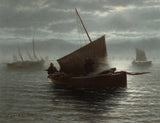 Oil painting, boats fishing on a misty morning by Robert Chalmers 1874.