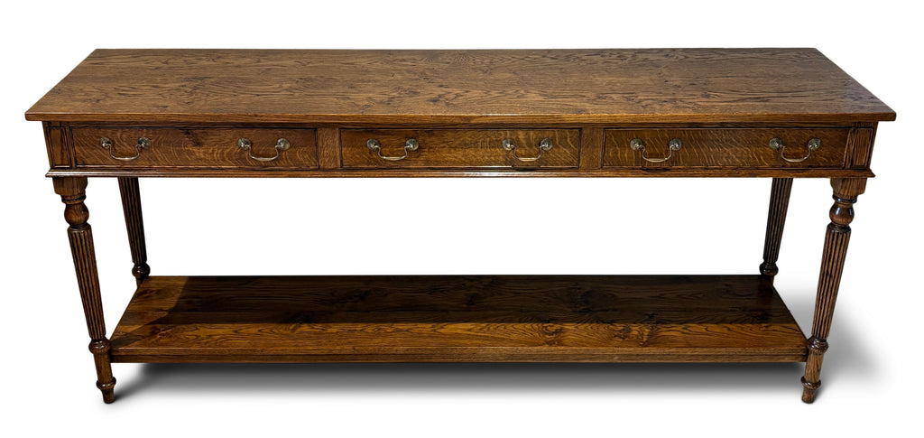 Handmade oak console table with fluted legs and potboard shelf