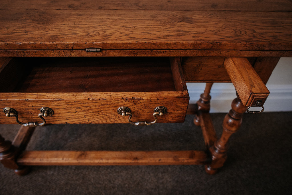 Hall Console Table opening into a dining table, in antiqued oak finish