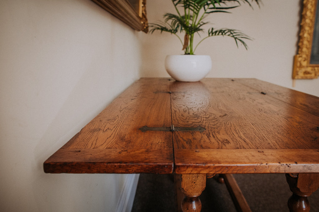 Hall Console Table opening into a dining table, in antiqued oak finish