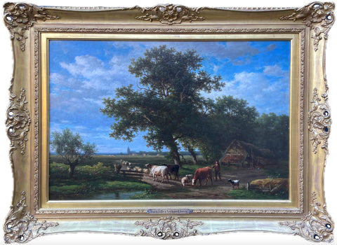 Oil on canvas by Eugene Verboeckhoven (1796-1881) & Alexander Daiwaille (1818-1888) Landscape with cattle & sheep on a farm track.