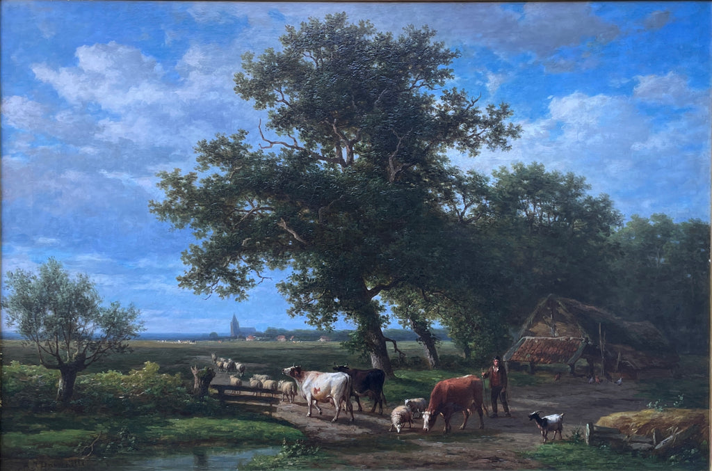 Oil on canvas by Eugene Verboeckhoven (1796-1881) & Alexander Daiwaille (1818-1888) Landscape with cattle & sheep on a farm track.