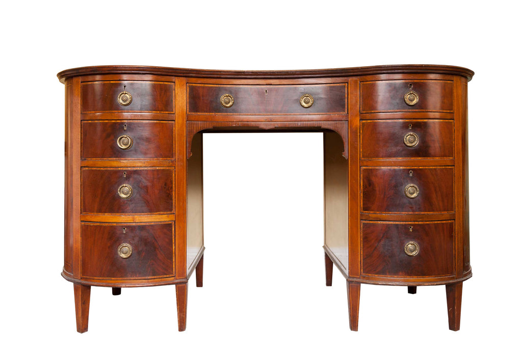 Sold - Mahogany Rosewood banded Kidney shaped desk or Dressing Table (England, 1890). SALE PRICE: