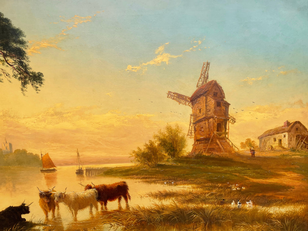 Oil Painting, Large Landscape with Cattle & Mill by James Roberts (fl 1858-1876)