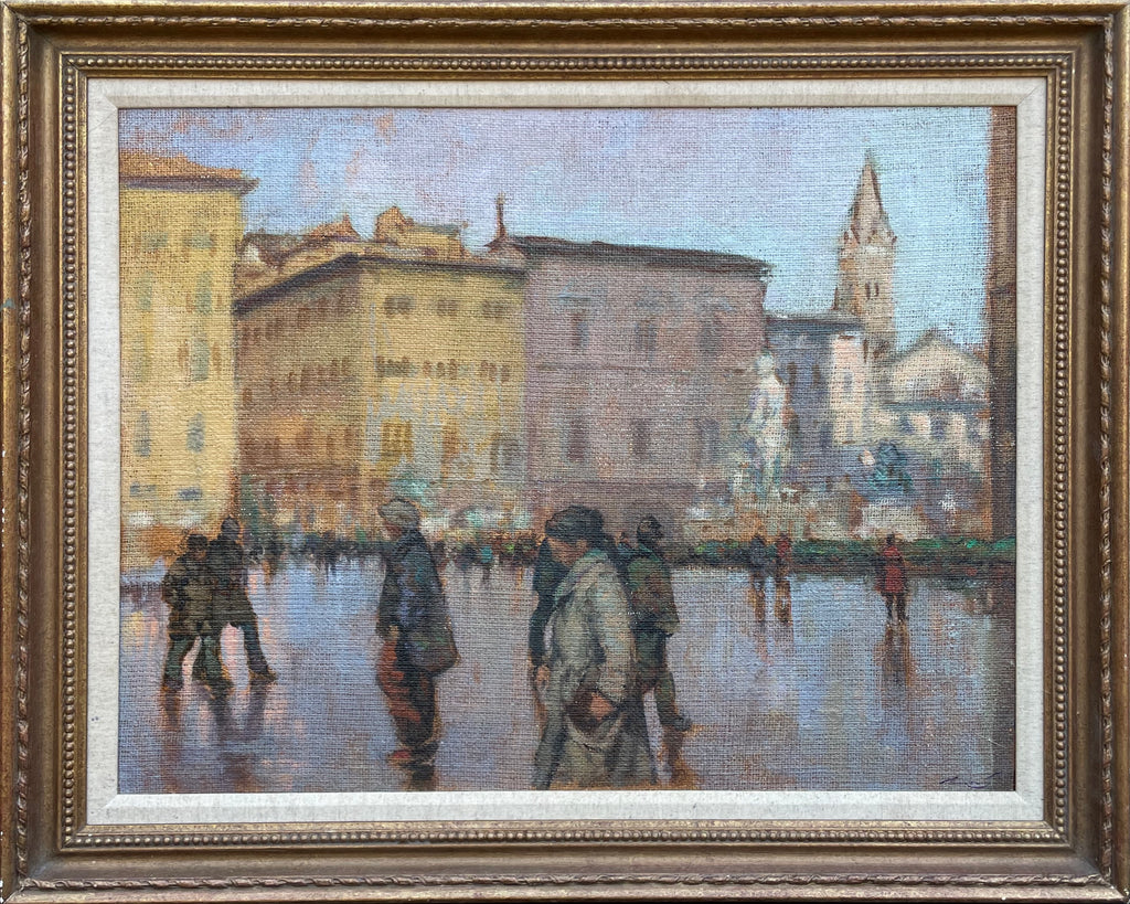 Oil painting by Ken Moroney, Italian city scene. (1949-2020)