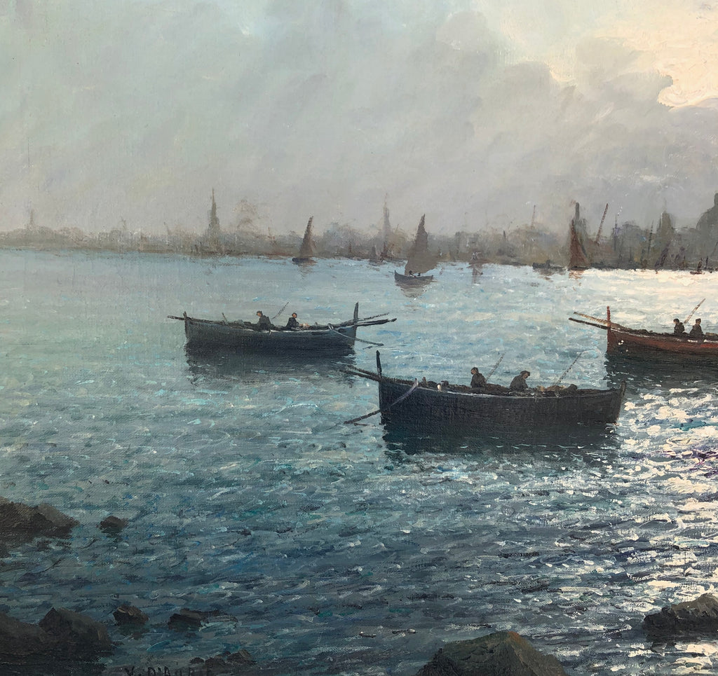 Oil Painting, Italian School, Harbour Scene with City in background (Early 20th c)