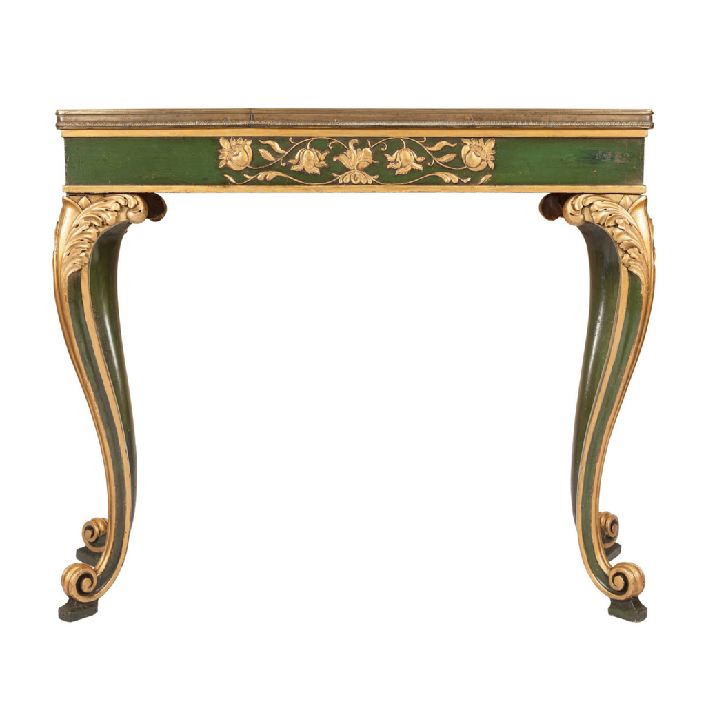 Italian Antique console or hall table painted in green with gold decoration and grey marble top