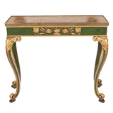 Italian Antique console or hall table painted in green and gold with grey marble top