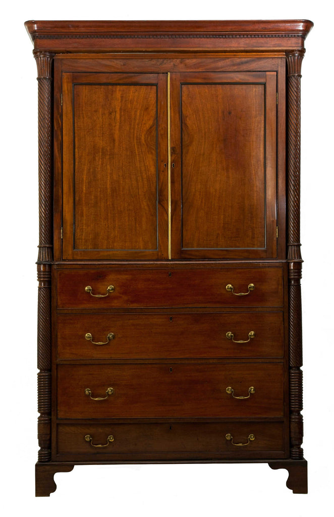 Large antique mahogany half length wardrobe over chest of four drawers