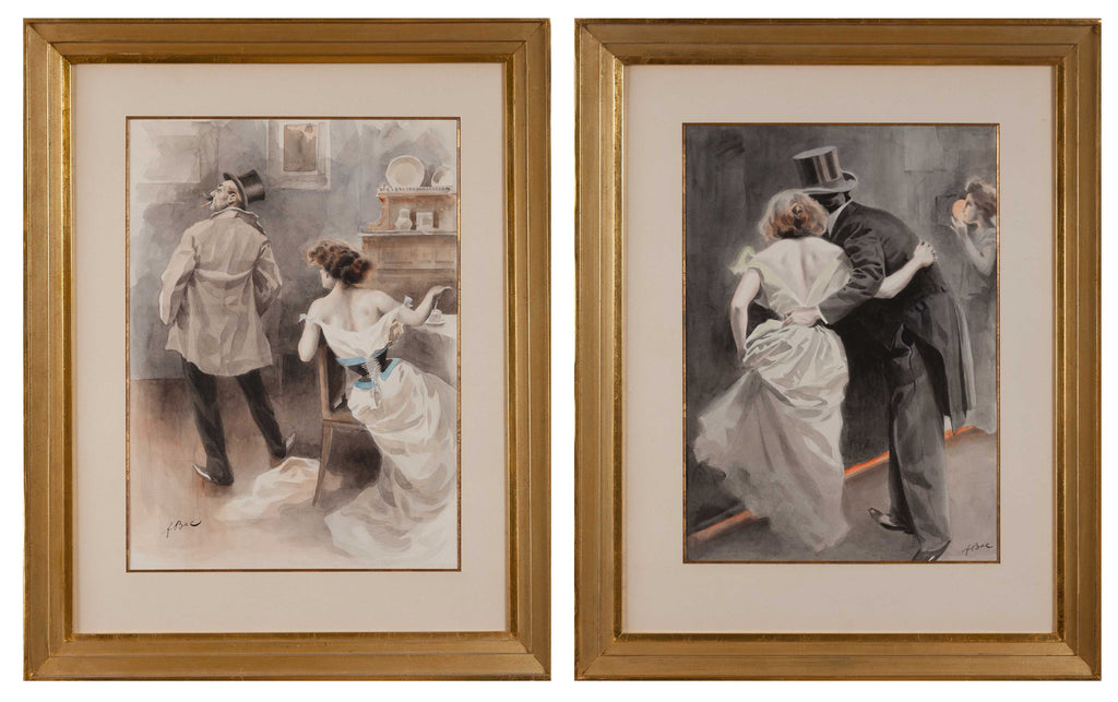 Pair of French 1920's Humorous Watercolours by F. Bac