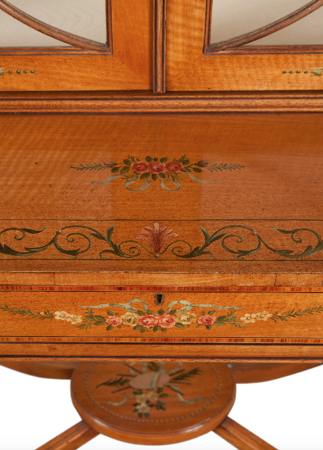 x SOLD : A Fine Pair of Satinwood Hand Painted Sheraton Revival Cabinet on Stands