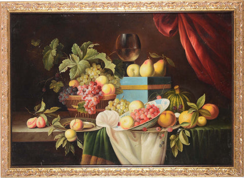 Antique still life oil painting of autumn fruits and wine on a table