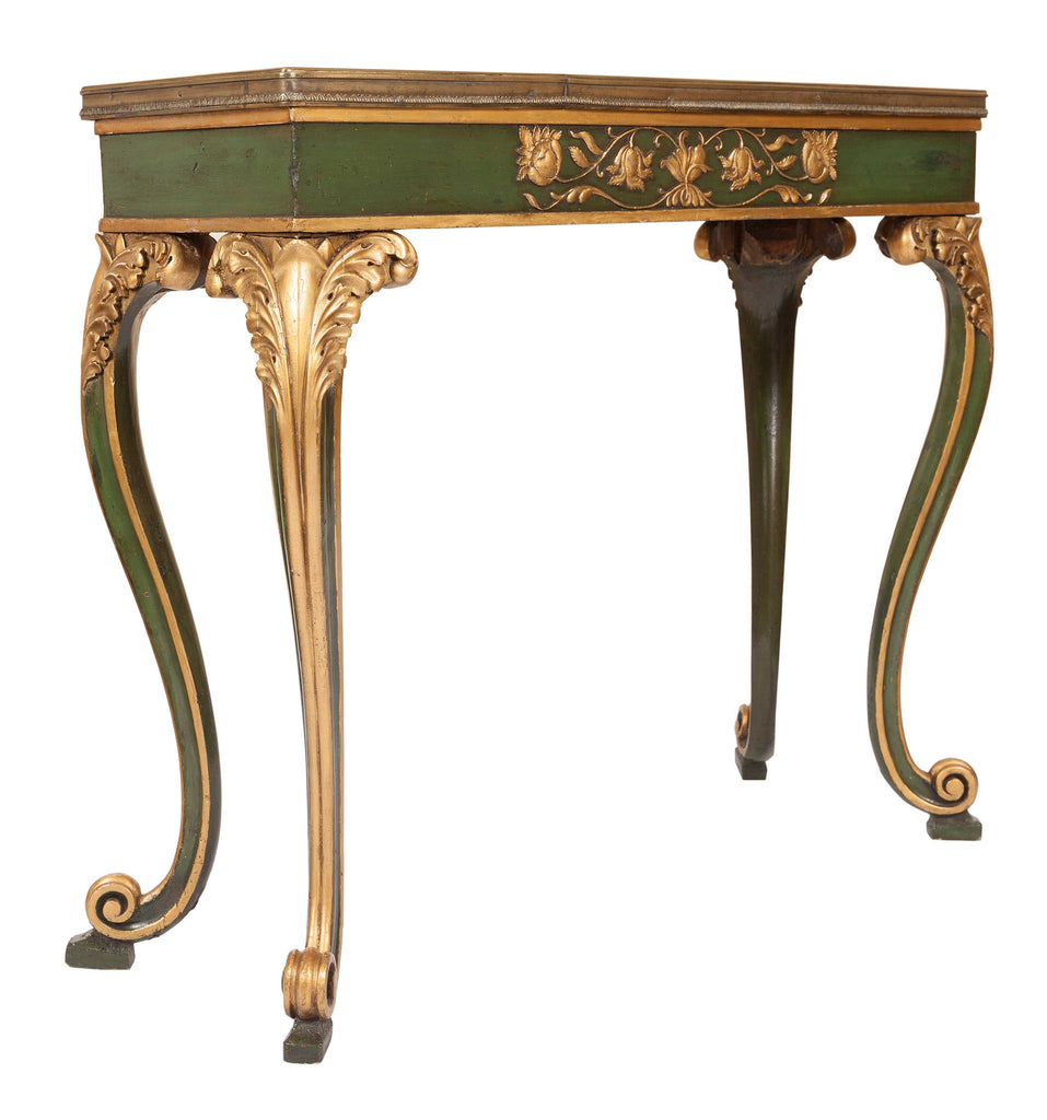 Italian Antique console or hall table painted in green and gold with grey marble top