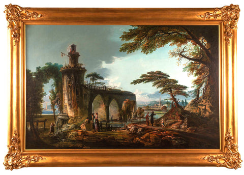Oil on Canvas; Italian Landscape in the style of Claude Lorraine (1600-1682).