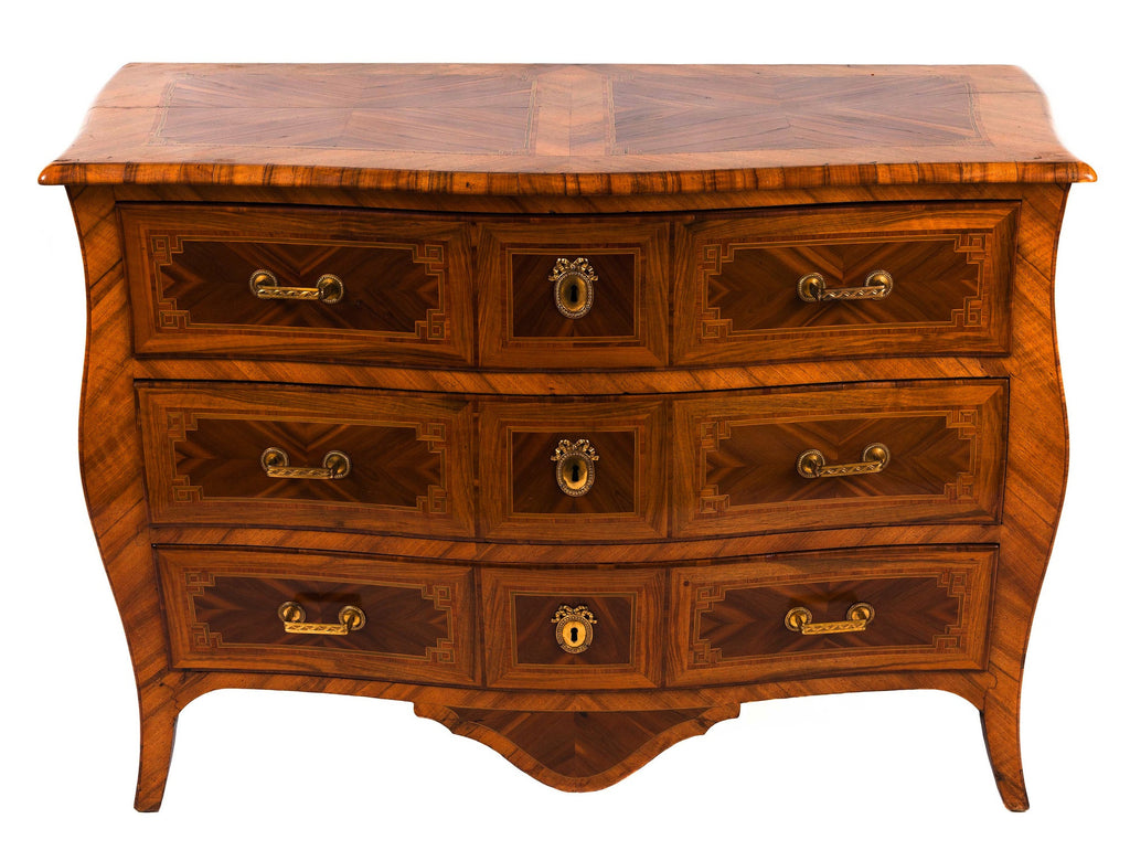 Beautiful elegant antique bombe shaped commode with three drawers