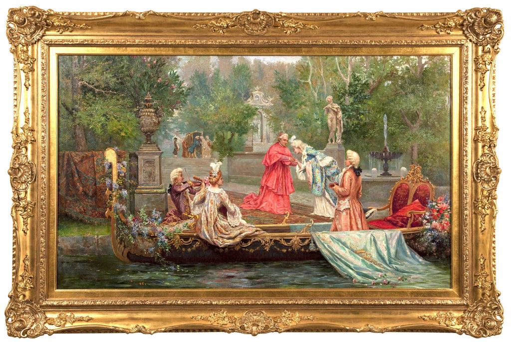 classical antique Italian scene with figures arriving on a gondola