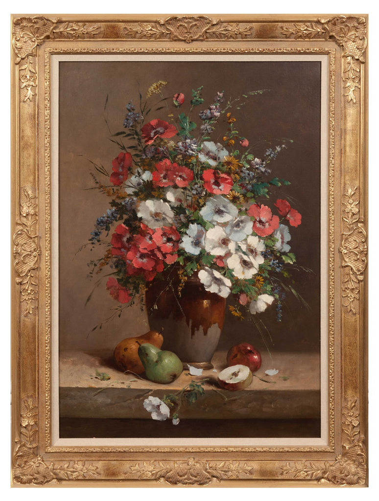 Antique still life oil painting of beautiful flowers in a vase with autumn fruits