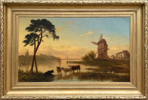 Oil Painting, Large Landscape with Cattle & Mill by James Roberts (fl 1858-1876)