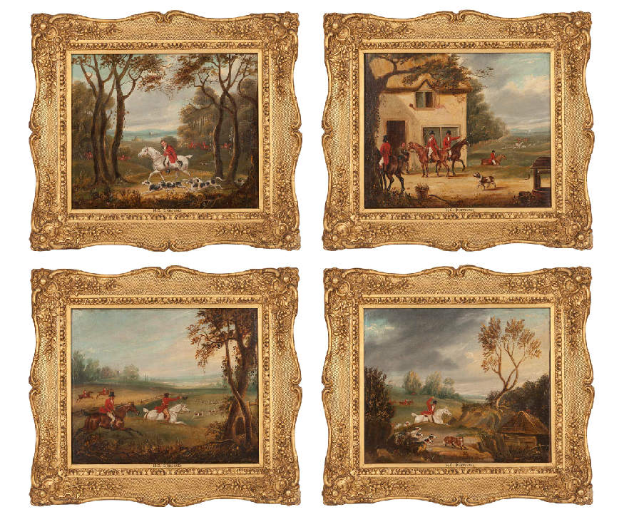 x SOLD : Set of Four Hunting Scenes; Oils on canvas by Devinges