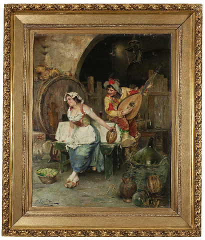 x SOLD : Oil on Canvas 'A Serenade' by Alphonse Roman (Belgian, 1872-1943)
