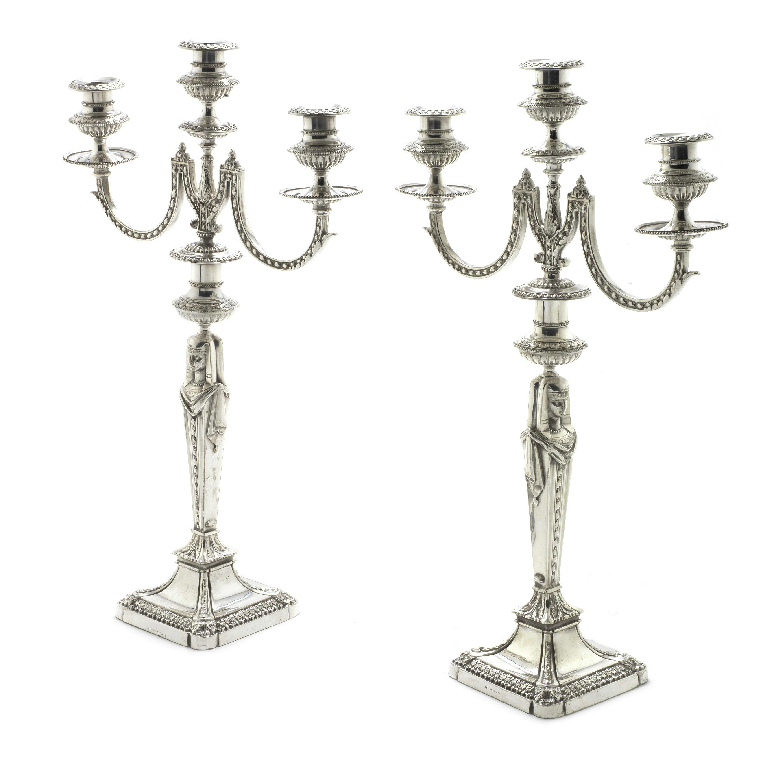 Pair of silver-plated three-light candelabra by Elkington & Co, 1875: